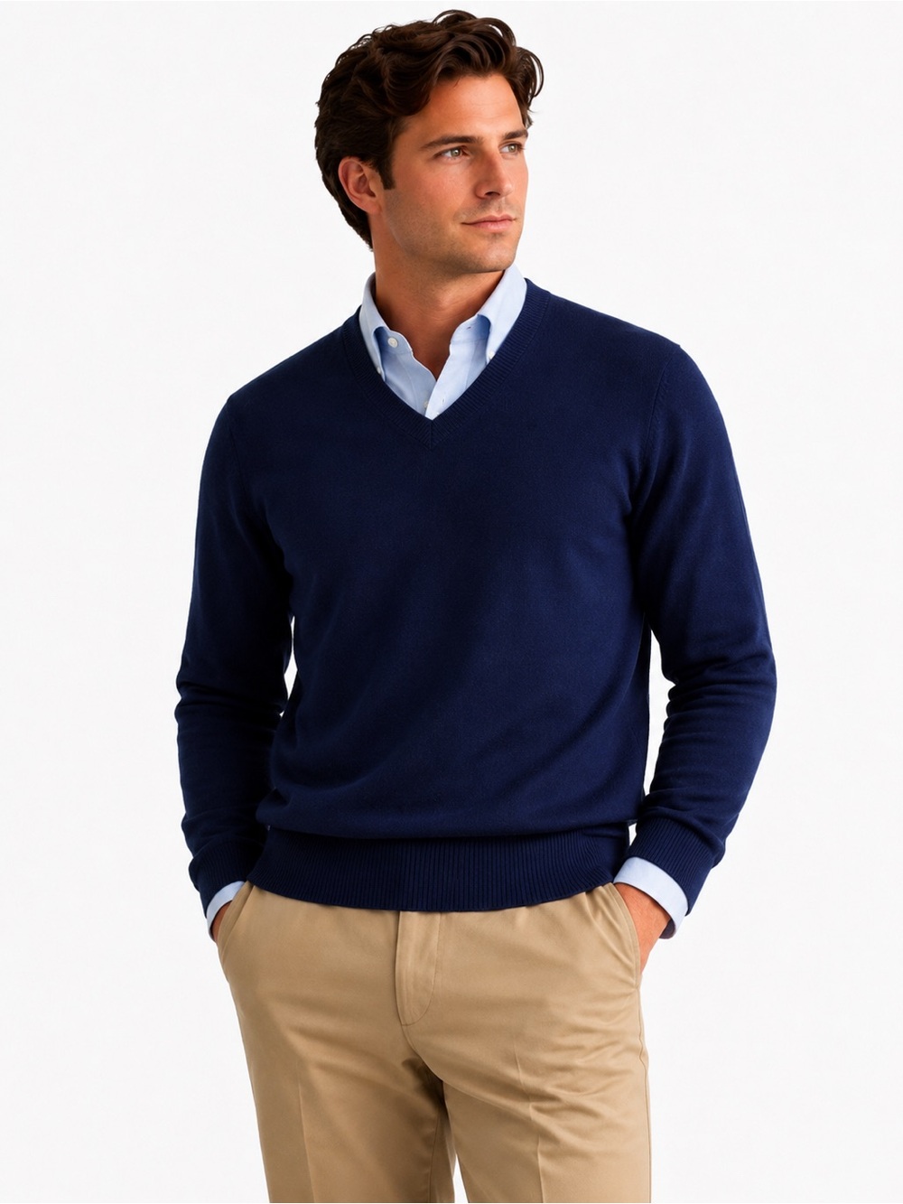 Lands’ End Men’s 100% Cashmere V-Neck Sweater Navy Blue Large
